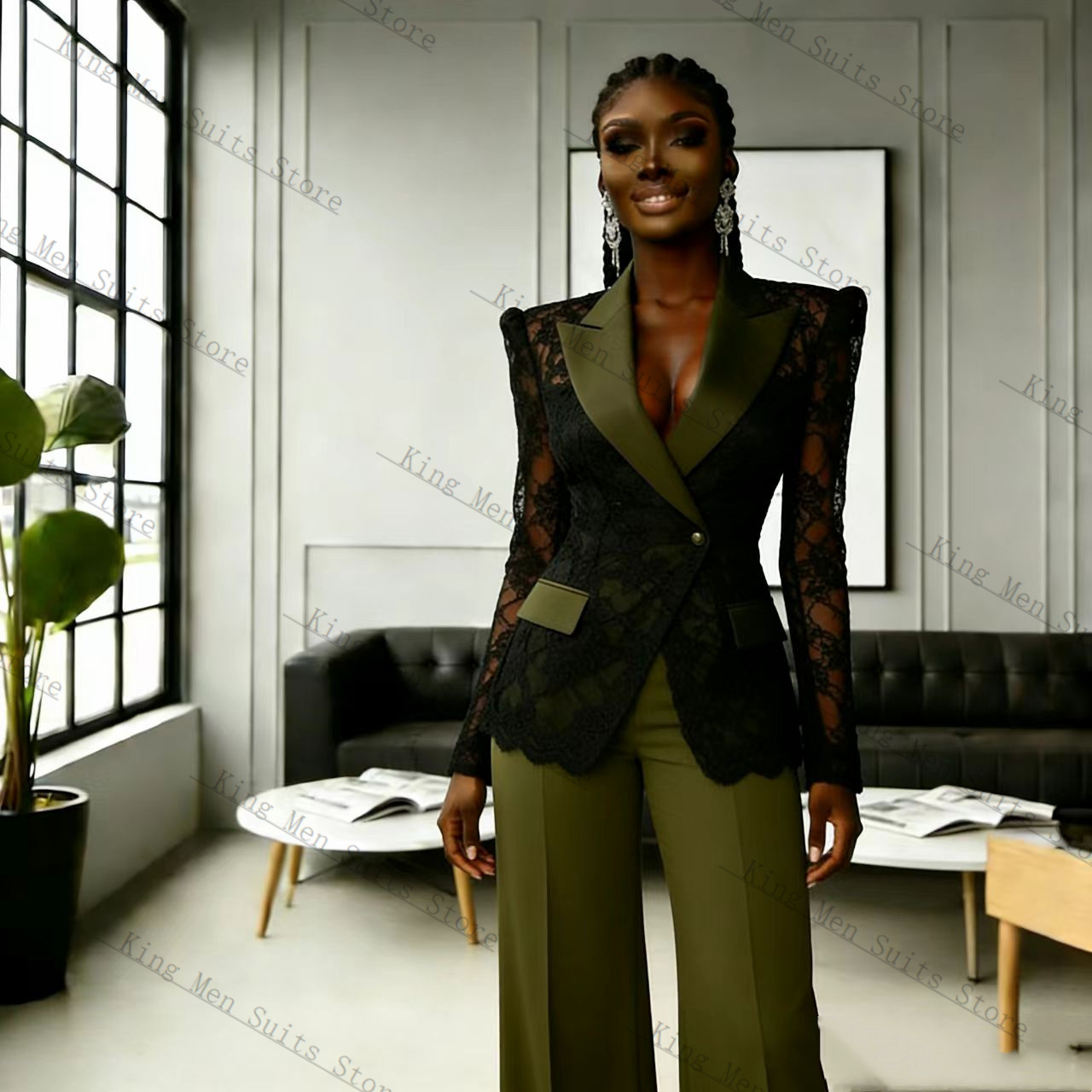 Women'S Green Formal Wear - Зеленый костюм-двойка с черным кружевом для