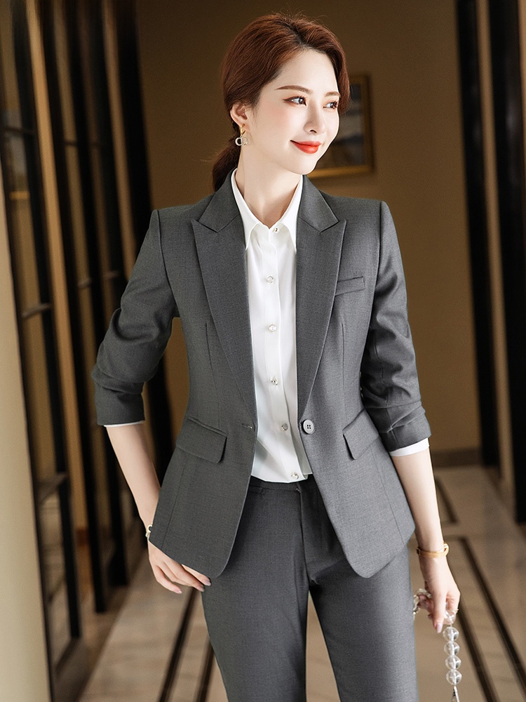 Women Formal Wear Set - Серый костюм-двойка для женщин: весенне-осенний, высококачественный,