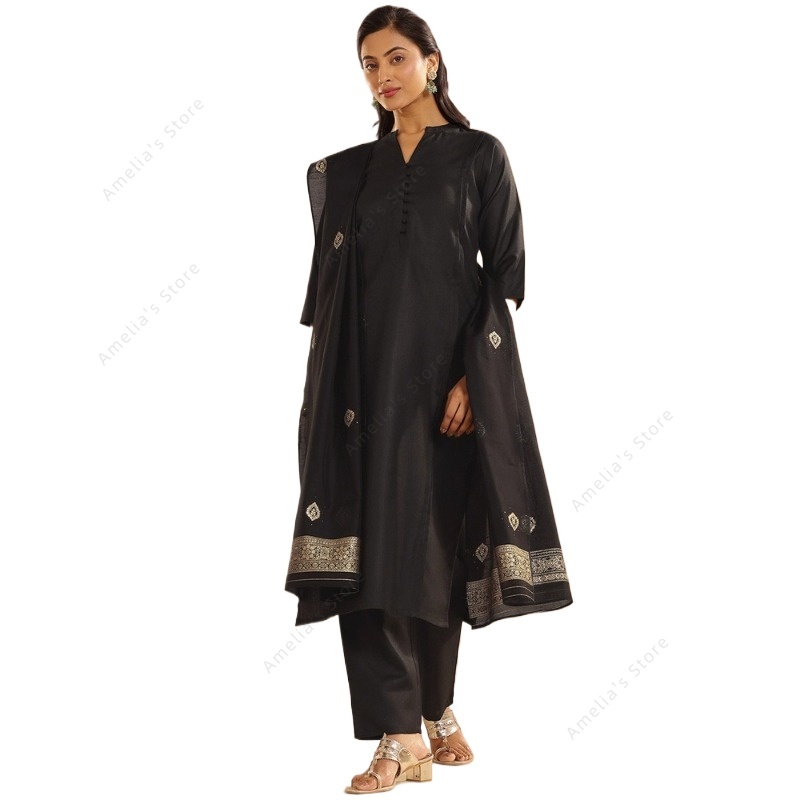 Women Formal Wear Indian - Женский черный жаккардовый комплект из 3