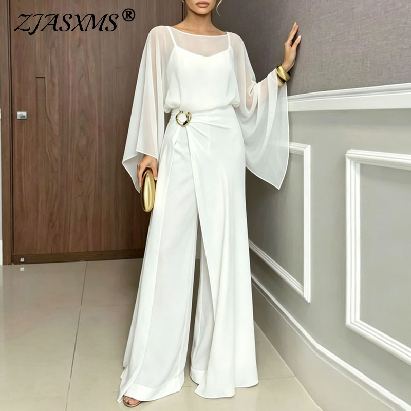 Women Formal Wear Set - Женский вечерний комбинезон-двойка с прозрачными расклешенными